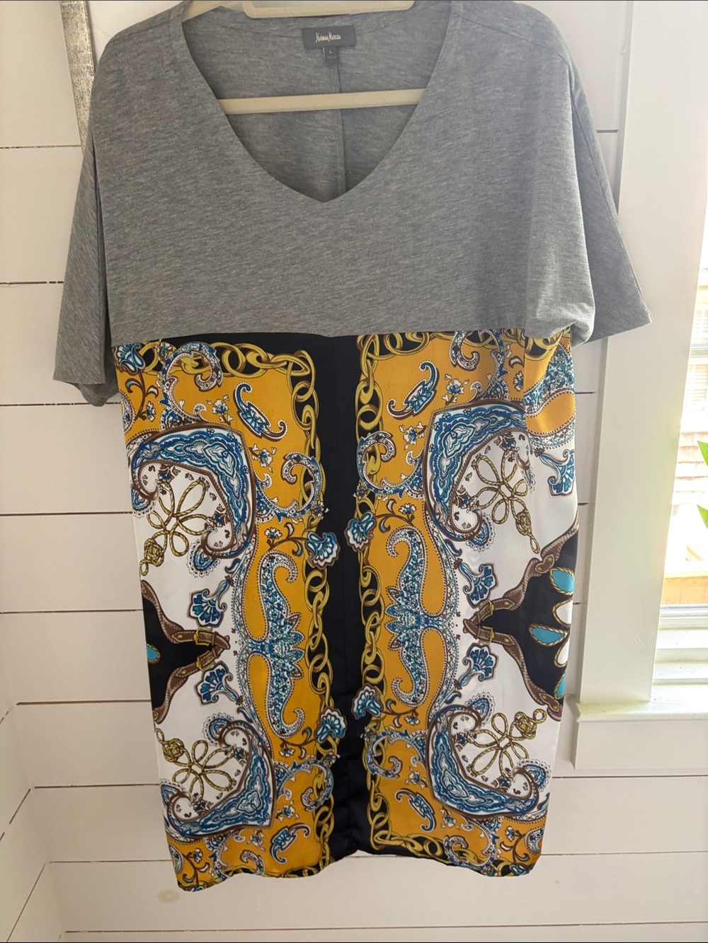 Neiman Marcus Gray Top Dress with mustard  & Blue Paisley .